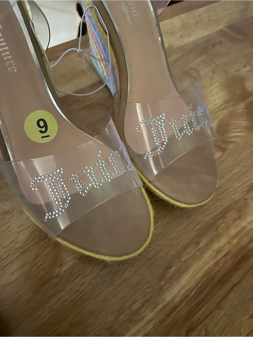 Juicy Couture Clear Rhinestone Logo Wedge Sandals in Nude with Yellow Trim